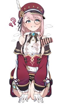 0haribo0 1girl ? ?? absurdres bar_censor bare_shoulders belt blue_gemstone blush bow breasts brooch censored charlotte_(genshin_impact) cross-laced_clothes cross-laced_sleeves detached_sleeves disembodied_penis full_body gem genshin_impact gloves hat hat_feather highres jewelry kneeling medium_breasts monocle newsboy_cap penis penis_to_breast penis_under_another&#039;s_clothes pink_hair puffy_detached_sleeves puffy_sleeves red_hat red_sleeves short_hair sideboob smile sweatdrop teeth white_background white_belt white_gloves