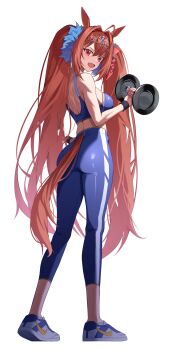 1girl absurdres animal_ears ass blue_pants blue_sports_bra breasts brown_hair daiwa_scarlet_(umamusume) dumbbell fang hair_intakes highres holding holding_dumbbell horse_ears horse_girl horse_tail large_breasts long_hair looking_at_viewer open_mouth pants red_eyes shoes sneakers solo sports_bra tail tiara tight_clothes tight_pants twintails umamusume very_long_hair woongbi yoga_pants