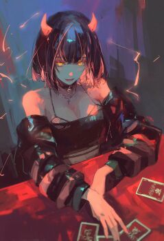 1girl 96yottea black_hair black_jacket bra breasts card cleavage demon_girl demon_horns highres horns indie_virtual_youtuber jacket open_mouth playing_card rainhoe short_hair underwear virtual_youtuber yellow_eyes