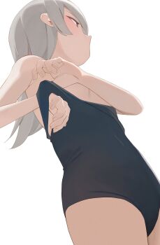 1girl adjusting_clothes black_one-piece_swimsuit flat_chest grey_hair highres hiroki_(yyqw7151) long_hair one-piece_swimsuit original red_eyes simple_background solo standing swimsuit thighs white_background