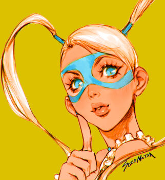 1girl artist_name blonde_hair blue_eyes blue_mask commentary domino_mask english_commentary eye_mask highres long_hair mask rainbow_mika simple_background solo sozomaika street_fighter twintails wrestler wrestling_mask wrestling_outfit