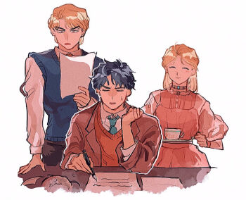 1girl 2boys black_hair black_pants blonde_hair blue_necktie blue_sweater_vest brown_eyes brown_jacket closed_eyes cup dio_brando dress elbow_rest erina_pendleton fuha_(azukiba_9) holding holding_paper holding_pen holding_tray jacket jojo_no_kimyou_na_bouken jonathan_joestar long_sleeves multiple_boys necktie nib_pen_(object) open_clothes open_jacket orange_sweater_vest pants paper pen phantom_blood pink_dress short_hair simple_background sitting smile standing sweat sweater_vest table teacup tray white_background