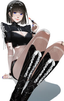 Rule 34 | 1girl, absurdres, bandaid, bandaid on arm, bandaid on knee, bandaid on leg, black hair, black shorts, blue eyes, blue nails, blunt bangs, boots, breasts, cleavage, cleavage cutout, clothing cutout, commentary, earrings, english commentary, fishnet fabric, ganet p, highres, jewelry, lips, lipstick, makeup, medium breasts, midriff, original, scar, scar on face, scar on nose, short hair, shorts, sitting, smile, solo, white background
