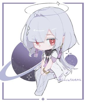 1girl artist_name averting_eyes bracelet chibi chinese_commentary colored_eyelashes commentary_request earrings full_body grey_hair hair_intakes hair_ornament hair_over_one_eye halo highres jacket jewelry long_hair mornye_(wuthering_waves) planet red_eyes see-through_body simple_background sitting solo sparkle triangle_earrings triangle_hair_ornament white_background white_jacket wuthering_waves zhungaerpendi36835