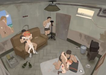 2girls 3boys 3girls absurdres bkbbkbkk blush cellphone chaos_(yui_yuu) commentary couch cum dildo english_commentary female_ejaculation glasses hetero highres loli lying multiple_boys multiple_girls no_panties on_side original phone recording round_eyewear sex sex_toy short_hair single_sock sitting sitting_on_lap sitting_on_person socks sweat tears thighhighs vibrator white_thighhighs