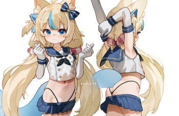 1girl arms_behind_head arms_up ass bikini blonde_hair blue_bow blue_eyes blue_sailor_collar blue_skirt blue_streaks bow butt_crack cosplay elbow_gloves fins fish_tail gloves hair_bow highres indie_virtual_youtuber kani_fish kantai_collection lifebuoy_hair_ornament loli long_hair low_twintails miniskirt multiple_views navel one_side_up pleated_skirt sailor_collar sameko_saba shimakaze_(kancolle) shimakaze_(kancolle)_(cosplay) skirt solo string_bikini swimsuit tail twintails virtual_youtuber white_background white_gloves