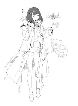 2girls ^_^ absurdres areaaaron arknights arknights:_endfield aroused_nosebleed blood chibi chibi_inset closed_eyes coat copyright_name eighth_note endministrator_(arknights) eye_mask female_endministrator_(arknights) full_body greyscale hair_ornament hands_up highres layered_sleeves long_sleeves mask medium_hair monochrome multiple_girls musical_note nosebleed open_clothes open_coat perlica_(arknights) sketch smile solo_focus standing sweater thighhighs zettai_ryouiki