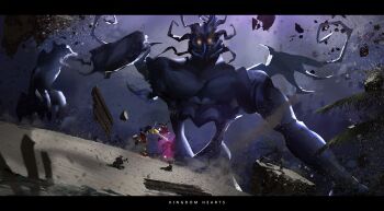 1boy battle black_border border brown_hair copyright_name dark_sky debris destruction floating_island glowing glowing_eyes heartless hood hoodie kingdom_hearts kingdom_hearts_i monster otsumami_(bu-bu-heaven) overcast palm_tree sand sky sora_(kingdom_hearts) spiked_hair tree wings