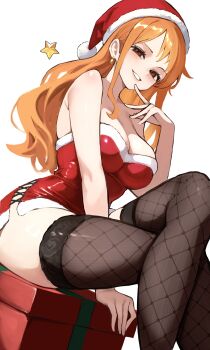 1girl absurdres arm_between_legs bare_shoulders black_thighhighs blush box breasts brown_eyes christmas christmas_present cleavage cross-laced_clothes cross-laced_dress crossed_legs dress earrings feet_out_of_frame fishnet_thighhighs fishnets fur-trimmed_dress fur-trimmed_headwear fur_trim gift gift_box hair_behind_ear hat highres jewelry kasumi_6 lace lace-trimmed_thighhighs lace_trim large_breasts long_hair looking_at_viewer nami_(one_piece) one_piece orange_hair parted_lips red_dress red_hat santa_costume santa_hat shiny_clothes short_dress single_sidelock sitting solo star_(symbol) strapless strapless_dress thighhighs thighs wavy_hair