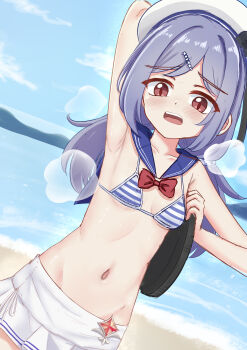 1girl absurdres armpits beach bikini breasts character_request commentary fuseato hair_ornament hat highres navel open_mouth outdoors small_breasts solo stella_sora striped_bikini striped_clothes swimsuit