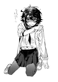 1girl blush chinese_commentary commentary eye_mask gloves greyscale highres jacket jiguang_haibao long_sleeves mask momijiyama_teru monochrome neckerchief open_clothes open_jacket pantyhose pleated_skirt shirt shoes short_hair shy_(series) single_glove skirt translation_request