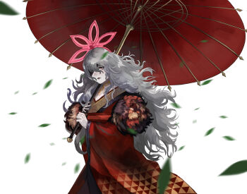 1girl absurdres commentary embla_(fire_emblem) embla_(new_year)_(fire_emblem) english_commentary fire_emblem fire_emblem_heroes grey_hair hair_between_eyes halo highres holding holding_umbrella japanese_clothes kimono leaf long_hair looking_at_viewer nintendo off_shoulder official_alternate_costume oil-paper_umbrella one_eye_covered red_eyes red_halo red_kimono rod_langhi solo umbrella very_long_hair white_background
