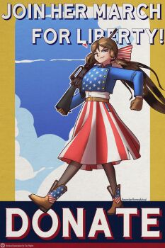 Rule 34 | 1girl, ;), assault rifle, blue eyes, blue jacket, blue sky, boots, bow, brown gloves, brown hair, cloud, cloudy sky, english text, full body, gloves, gun, hair bow, highres, holding, holding gun, holding weapon, jacket, long hair, long sleeves, m16, m16a4, nractual, one eye closed, original, pantyhose, red skirt, rifle, skirt, sky, smile, solo, united states, very long hair, weapon