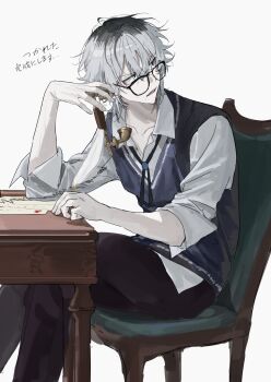 1boy black_eyes black_pants blue_vest chair collared_shirt commentary corded_phone elbow_rest glasses grey_hair hair_between_eyes highres holding holding_phone hunched_over looking_to_the_side male_focus mole mole_on_cheek multicolored_hair open_mouth original pants paper phone roots_(hair) sanpaku serious shirt short_hair simple_background sini_user sitting solo symbol-only_commentary table translation_request vest white_background white_shirt