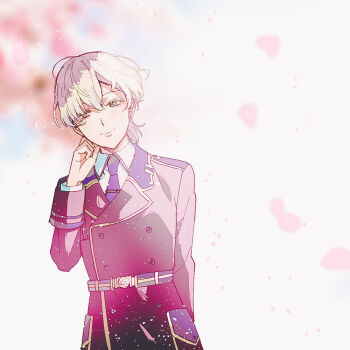 1boy belt black_jacket blonde_hair blue_necktie buttons cherry_blossoms closed_mouth collared_shirt commentary_request double-breasted hand_up jacket king_of_prism kisaragi_louis long_sleeves looking_at_viewer male_focus necktie outdoors petals pretty_rhythm pretty_series shirt short_hair sky smile solo upper_body uruu_akua white_shirt yellow_eyes