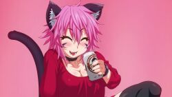 2022 20s alcohol animal_ears animated breasts cat_ears cat_girl cat_tail choker clitoris closed_eyes drinking drunk kemonokko_tsuushin kemonokko_tsuushin_~nekomusume_nia~ medium_breasts nia_(kemonokko_tsuushin) pink_hair presenting_pussy red_shirt shirt sound tagme tail thighhighs thighs video