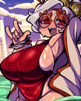 Rule 34 | 1girl, :d, \n/, arm behind head, arm up, armpits, blush, breasts, cloud, coat, dusk, eyeshadow, eyewear on head, glasses, hair bun, hair ornament, hair stick, highres, huge breasts, lifeguard, long sleeves, looking at viewer, makeup, navel, nintendo, one-piece swimsuit, open mouth, outdoors, pool, pool ladder, purah, red-framed eyewear, red eyes, red eyeshadow, red one-piece swimsuit, sheikah, sky, smile, solo, star (sky), starry sky, swimsuit, th3k1d, the legend of zelda, the legend of zelda: tears of the kingdom, thick thighs, thighs, water, wet, wet clothes, white coat, wide hips