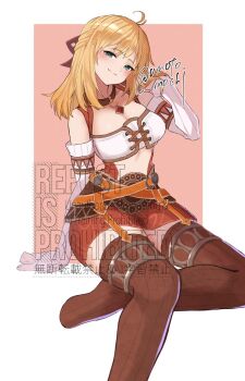 1girl blonde_hair blush border breasts brown_thighhighs closed_mouth commentary_request fiora_(xenoblade) green_eyes highres long_hair medium_breasts miniskirt no_shoes outside_border sitting skirt smile solo thighhighs umotomochi watermark white_border xenoblade_chronicles_(series) xenoblade_chronicles_1