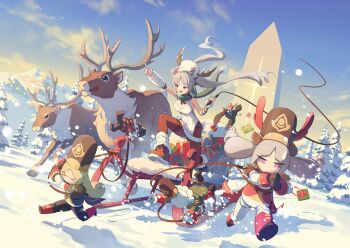 >_< 4girls :d antlers armpit_crease bare_shoulders bird black_bird blue_sky brown_hat character_doll character_request clothing_cutout cloud crow day doll dress dripping_eye dutch_angle falling fang floating_hair fur_arm_warmers fur_hat game_cg green_scarf grey_hair hair_ornament hair_scrunchie hat highres hip_vent holding holding_whip horned_hat horns knit_dress knit_pantyhose knit_sweater laru_(snowish)_(stella_sora) laru_(stella_sora) long_hair looking_ahead monolith_(object) multiple_girls non-web_source official_art open_mouth outdoors pantyhose papakha pointing purple_eyes red_pantyhose red_scrunchie reindeer running scarf scrunchie skin_fang sky sleeveless sleeveless_dress sleeveless_sweater sleigh smile snow stella_sora sweatdrop sweater sweater_dress tongue tongue_out twintails v-shaped_eyebrows very_long_hair white_dress white_hat white_sweater winter