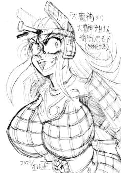 Rule 34 | 2023, airride, armor, artist name, blood, breasts, chisel, commentary, cosplay, daimajin, daimajin (cosplay), daimajin (film), daimajin (series), english text, fangs, helmet, huge breasts, japanese text, kaijin, kaiju, long hair, looking at viewer, midriff, monochrome, monster, monster girl, open mouth, samurai, sketch, smile, teet, tongue