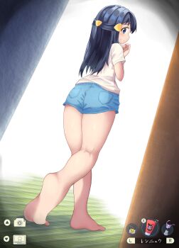 1girl absurdres akari_(pokemon) alternate_costume arched_soles ass back barefoot black_hair blush clenched_hand denim denim_shorts eyelashes feet female_focus flat_chest foot_focus from_behind full_body gameplay_mechanics gen_1_pokemon gen_2_pokemon gen_6_pokemon gen_8_pokemon grey_eyes hair_ornament hairclip hand_up heel_up highres hypno indoors kajitsu_no_hito legs long_hair looking_at_viewer looking_back miltank neck nintendo official_alternate_costume pants pokemon pokemon_legends:_arceus pov print_shirt profile sandals shiny_clothes shiny_skin shirt short_shorts short_sleeves shorts shy sidelocks skin_tight sliggoo soles standing sweat sweatdrop t-shirt thighs thighs_together tight_clothes tight_pants tiptoes toenails toes turning_head unworn_footwear unworn_sandals white_shirt