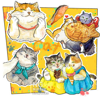 animal animal_focus artist_name blue_dress blue_ribbon cat dress fish_(food) food hashtag-only_commentary heart highres holding holding_food holding_ice_cream holding_ice_cream_cone ice_cream ice_cream_bar ice_cream_cone multiple_scoops no_humans original ribbon taiyaki tongue tongue_out wagashi yasaioji3 yellow_dress