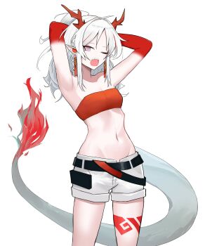 1girl absurdres arknights armpits arms_behind_head arms_up bandeau belt black_belt breasts commentary cowboy_shot hair_intakes half_updo highres horns leg_tattoo long_hair looking_at_viewer midriff navel nian_(arknights) one_eye_closed open_mouth pointy_ears purple_eyes short_shorts shorts simple_background small_breasts solo standing stomach strapless tail tattoo tube_top vathanyan white_background white_hair white_shorts