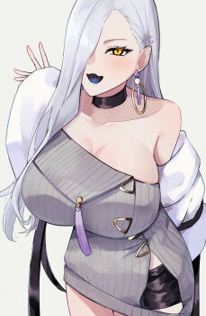 1girl absurdres bare_shoulders black_shorts blue_lips blush breasts choker cleavage commentary_request dress earrings eyeliner fate/grand_order fate_(series) grey_dress hair_over_one_eye highres hoop_earrings izanaware_game jacket jewelry large_breasts long_hair long_sleeves looking_at_viewer makeup mrs._snake_(fate) off_shoulder open_mouth short_shorts shorts smile solo sweater sweater_dress tassel white_hair white_jacket yellow_eyes