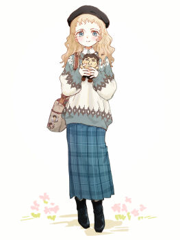 1girl badge bag bakumatsu_shishi_channel beret black_boots black_hat blonde_hair blue_eyes blue_skirt blue_sweater blush boots brown_bag brown_sweater button_badge character_badge character_doll closed_mouth commentary_request dated_commentary doll full_body gunshi_minoru hands_up hat highres holding holding_doll kita_e kitano_suomi long_hair long_skirt long_sleeves looking_at_viewer multicolored_sweater nendo23 plaid_clothes plaid_skirt pleated_skirt puffy_long_sleeves puffy_sleeves real_life sakamoto_ryouma_(bakumatsu_shishi_channel) short_bangs shoulder_bag simple_background skirt smile solo standing straight-on sweater wavy_hair white_background