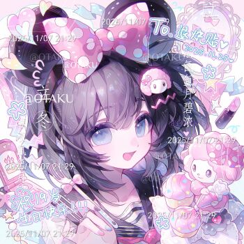 Rule 34 | 1girl, 1other, black hair, blue eyes, bow, cellphone, collarbone, cupcake, eyelashes, food, fork, hair bow, hair ornament, highres, holding, holding fork, lipstick, looking at viewer, makeup, open mouth, original, phone, pink bow, portrait, rouge (makeup), sailor collar, short hair, solo focus, square, tongue, too many watermarks, watermark, xingchunxiang