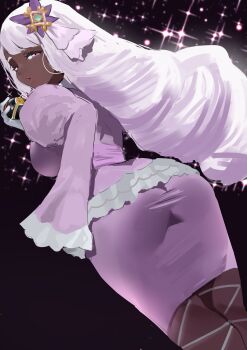 1girl ass black_background bow dark-skinned_female dark_skin dress drill_hair frills hair_bow highres holding holding_poke_ball jacinthe_(pokemon) long_hair looking_at_viewer looking_back luxury_ball nintendo parted_lips poke_ball pokemon pokemon_legends:_z-a purple_eyes redi_(rasec_asdjh) simple_background solo white_hair