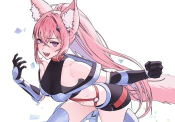 animal_ears bare_shoulders black_shorts boshke breasts clenched_hand collar fangs fox_ears fox_girl fox_tail gloves hair_ornament highres indie_virtual_youtuber leg_armor leg_up looking_at_viewer meicha_(vtuber) midriff open_mouth pink_hair purple_eyes shorts smile standing standing_on_one_leg tail thick_thighs thighhighs thighs virtual_youtuber white_background