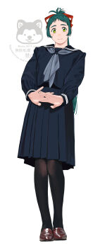 Rule 34 | 1girl, absurdres, antenna hair, black pantyhose, black sailor collar, black serafuku, black shirt, black skirt, blue neckerchief, full body, green hair, highres, irako (kancolle), kantai collection, long hair, neckerchief, ojipon, pantyhose, pleated skirt, ponytail, sailor collar, sailor shirt, school uniform, serafuku, shirt, simple background, skirt, solo, watermark, white background, yellow eyes
