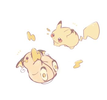 Rule 34 | animal focus, brown eyes, closed mouth, commentary request, electricity, full body, gen 1 pokemon, highres, nintendo, no humans, pikachu, pokemon, pokemon (creature), pokemon focus, puyu (ssyakani), raichu, simple background, yellow background