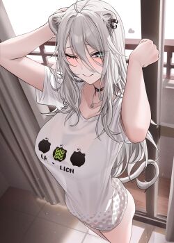 1girl ;) absurdres ahoge animal_ears arms_up black_bra black_choker bottomless bra bra_visible_through_clothes breasts choker closed_mouth commentary_request double-parted_bangs grey_eyes grey_hair highres hololive indoors jewelry large_breasts lion_ears lion_girl lion_tail long_hair looking_at_viewer messy_hair necklace official_alternate_costume official_alternate_hairstyle one_eye_closed shirt shishiro_botan shishiro_botan_(midnight_convenience_store) smile solo t-shirt tail underwear virtual_youtuber wanne white_shirt