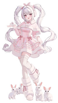 1girl :d absurdres alice_(nikke) bow breasts commentary dress earmuffs full_body gaji goddess_of_victory:_nikke highres long_hair looking_at_viewer official_alternate_costume open_mouth pink_bow pink_dress pink_eyes rabbit shoes simple_background skirt_hold smile solo thighhighs twintails white_background white_shoes white_thighhighs