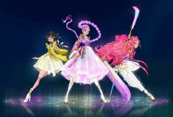 Rule 34 | 3girls, absurdres, black hair, blunt bangs, boots, commentary, double bun, earrings, english commentary, floating hair, full body, hair bun, hanbok, high heel boots, high heels, highres, holding, holding polearm, holding sword, holding weapon, jewelry, joune5064, korean clothes, kpop demon hunters, long hair, looking at viewer, mira (kpop demon hunters), multiple girls, pink hair, polearm, purple hair, rumi (kpop demon hunters), sidelocks, skirt, smile, standing, standing on one leg, sword, twintails, weapon, zoey (kpop demon hunters)