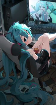 1girl absurdres aqua_eyes aqua_hair aqua_nails aqua_necktie bare_legs bare_shoulders black_sleeves blush cable chair computer computer_keyboard detached_sleeves eating figure food grey_shirt guitar hair_between_eyes hair_ornament hatsune_miku headphones headset highres indoors instant_cup_noodles instant_noodles instant_ramen instrument legs_on_table long_hair looking_at_viewer looking_back monitor necktie nintendo_switch noodles number_tattoo office_chair open_mouth ramen shirt sitting skirt smile spring_onion swivel_chair tattoo twintails uparupya very_long_hair vocaloid