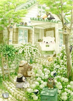 Rule 34 | bag, bear, bird, bird request, blush, bug, building, butterfly, cockatoo, commentary request, door, hat, highres, insect, ladder, no humans, original, outdoors, owl, painting (medium), penguin, pigeon, polar bear, st.kuma, sulphur-crested cockatoo, toucan, traditional media, tree, watercolor (medium), waving, window
