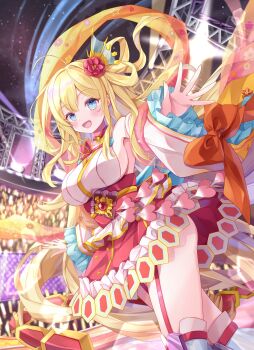 Rule 34 | 1girl, ahoge, battle spirits, blonde hair, blue eyes, breasts, commentary request, concert, detached sleeves, flower, glowstick, hagoromo, hair flower, hair ornament, hair rings, haundo b, highres, japanese clothes, kimono, large breasts, long hair, looking at viewer, obi, open mouth, rei ooba, sash, shawl, sideboob, solo, yellow trim