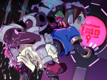 1boy 1girl 2equal8 against_wall aile_(mega_man_zx) black_bodysuit blue_jacket blush bodysuit bodysuit_under_clothes brown_hair clothed_sex galleon_(mega_man) green_eyes hetero holding_detached_head humanoid_robot jacket looking_back mega_man_(series) mega_man_zx one-eyed penis_tentacle pussy_juice robot robot_ears robot_sex sex sex_from_behind short_hair shorts sweat tentacles white_shorts