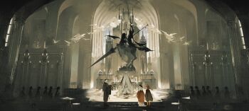 bench bird bird_wings black_hair church everyone glasses gloves hair_between_eyes hat highres holding holding_unworn_clothes holding_unworn_hat lamp light long_hair long_sleeves medium_hair orange_hair original priest religion scenery short_hair solo statue traditional_clothes unworn_hat unworn_headwear very_long_hair weirui233 white_hair window wings