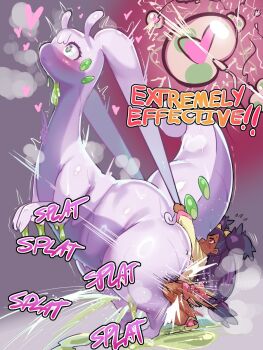 Rule 34 | black hair, dark-skinned female, dark skin, english text, fertilization, from side, futa with female, futanari, gen 6 pokemon, goodra, green eyes, heart, highres, impregnation, iris (pokemon), long hair, long sleeves, nintendo, ovum, pokemon, pokemon (creature), pokemon black and white, pokephilia, sex, sex from behind, shirt, sirachi, size difference, slime (substance), trembling, very long hair, yellow shirt