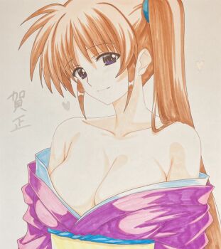 1girl bare_shoulders breasts brown_hair closed_mouth commentary_request engo_(aquawatery) heart japanese_clothes kimono large_breasts long_hair looking_at_viewer lyrical_nanoha mahou_shoujo_lyrical_nanoha_strikers off_shoulder purple_eyes seductive_smile side_ponytail smile solo takamachi_nanoha translation_request