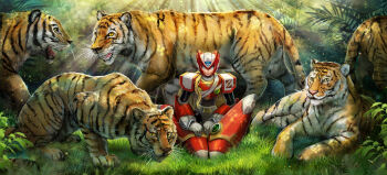 1boy android animal blonde_hair capcom commentary_request grass green_eyes helmet highres jungle kiwakiwa light_rays long_hair male_focus mega_man_(series) mega_man_x_(series) nature outdoors sitting on_ground smile sunlight tiger zero_(mega_man)