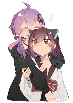 Rule 34 | 2girls, ahoge, black jacket, blush, brown eyes, brown hair, closed eyes, closed mouth, cropped torso, double-parted bangs, hair ornament, headgear, highres, holding another's arm, hood, hooded jacket, hug, hug from behind, jacket, japanese clothes, jewelry, kimono, long sleeves, low-tied sidelocks, medium hair, multiple girls, nimingduz, obi, obiage, obijime, open mouth, puffy long sleeves, puffy sleeves, purple hair, red sash, sash, short hair with long locks, sidelocks, simple background, small sweatdrop, smile, touhoku kiritan, upper body, white background, white kimono, wide sleeves, yuri, yuzuki yukari