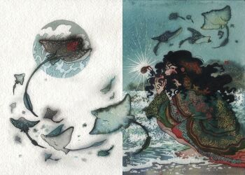 1girl barefoot beach black_hair dress fish flying_fish foliage from_side glowing hair_over_face highres holding long_hair long_sleeves manta_ray ocean original painting_(medium) sand shell sky solo split_screen squatting traditional_media vinsenta water watercolor_(medium) waves white_background