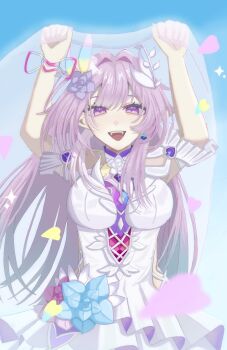 1girl breasts cyrene_(honkai:_star_rail) cyrene_(ripples_of_past_reverie)_(honkai:_star_rail) dress hane_o0 highres honkai:_star_rail honkai_(series) large_breasts long_hair looking_at_viewer open_mouth pink_eyes pink_hair smile solo white_dress