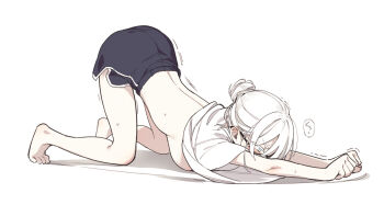 1girl all_fours asutora asutora-chan bare_legs barefoot black-framed_eyewear black_shorts blue_eyes breasts clothes_lift dolphin_shorts glasses hair_bun hanging_breasts medium_breasts no_bra original shirt shirt_lift short_hair shorts simple_background single_hair_bun stretching t-shirt toes top-down_bottom-up trembling white_background white_hair white_shirt