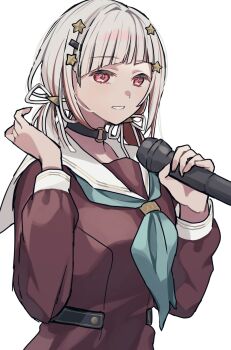 1girl aqua_neckerchief black_choker brown_dress choker clenched_teeth colored_inner_hair diagonal_bangs dress hair_ornament hair_ribbon hairclip hasu_no_sora_school_uniform highres holding holding_microphone lilac_(li_lac_3) link!_like!_love_live! long_sleeves love_live! low_twintails medium_hair microphone multicolored_hair neckerchief o-ring o-ring_choker official_alternate_hairstyle on_your_mark_(love_live!) pink_eyes red_hair ribbon sailor_collar sailor_dress school_uniform short_twintails simple_background solo star_(symbol) star_hair_ornament streaked_hair teeth triangle_hair_ornament twintails upper_body virtual_youtuber white_background white_hair white_ribbon white_sailor_collar winter_uniform yugiri_tsuzuri
